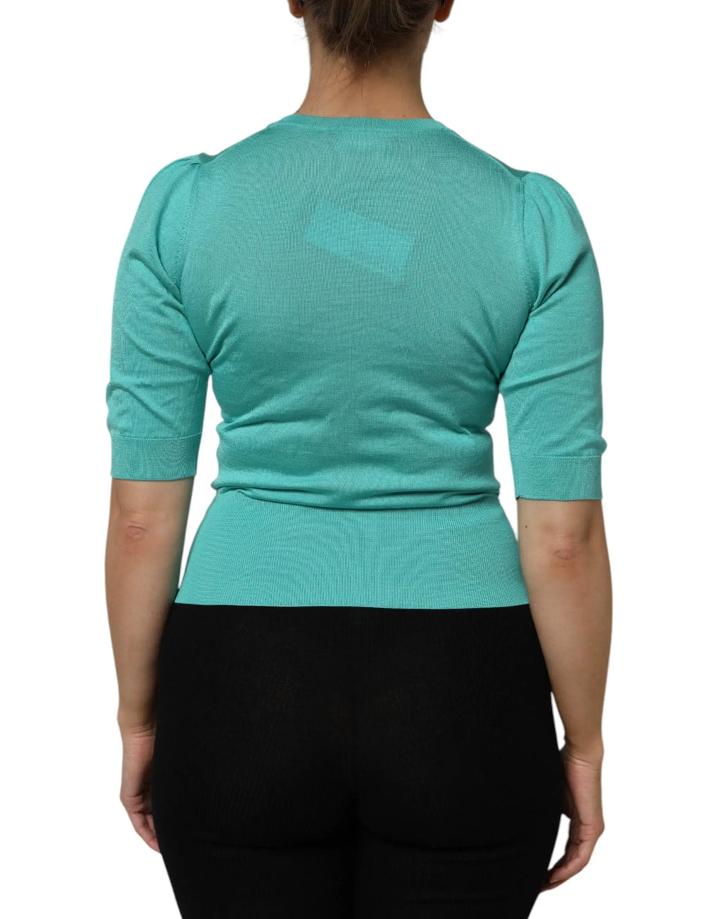 Cardigan en maille bleu sarcelle à manches trois-quarts avec épaules bouffantes et taille côtelée dolce & gabbana