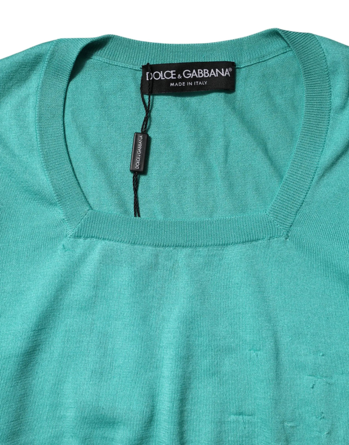 Dolce & gabbana pull en maille bleu sarcelle avec encolure côtelée et étiquette made in Italy