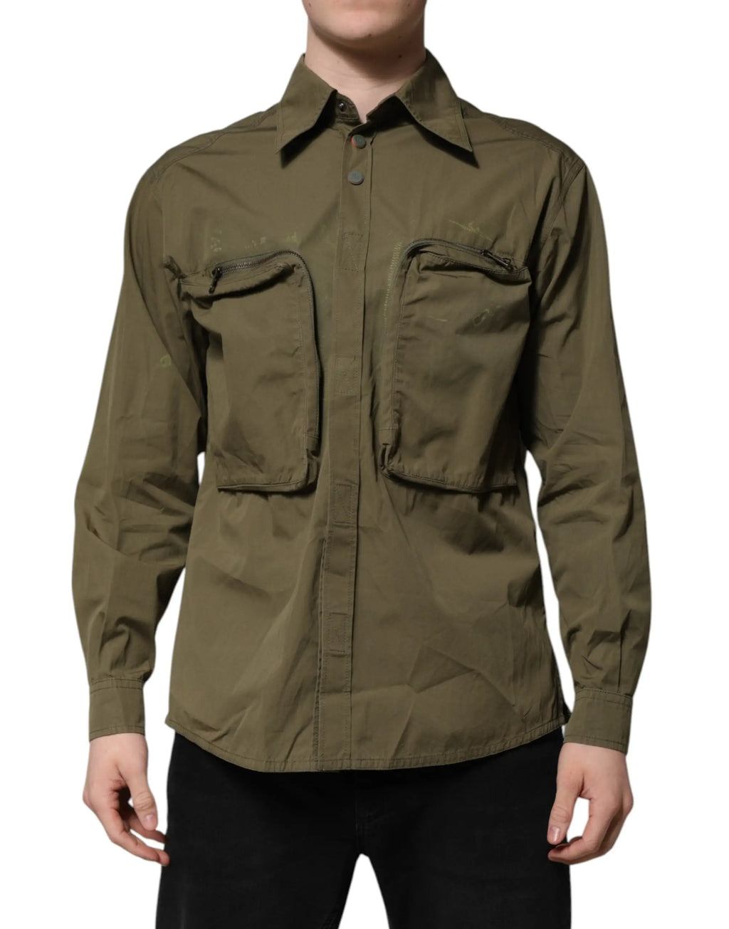 Chemise utility dolce & gabbana vert olive à manches longues avec col boutonné et deux poches poitrine