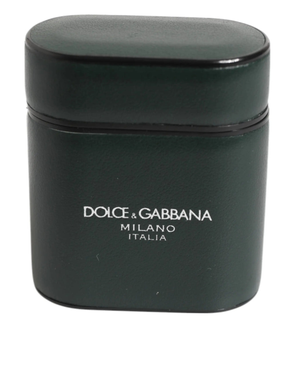 Étui à airpods dolce & gabbana en cuir de veau vert armée brillant avec logo argent embossé