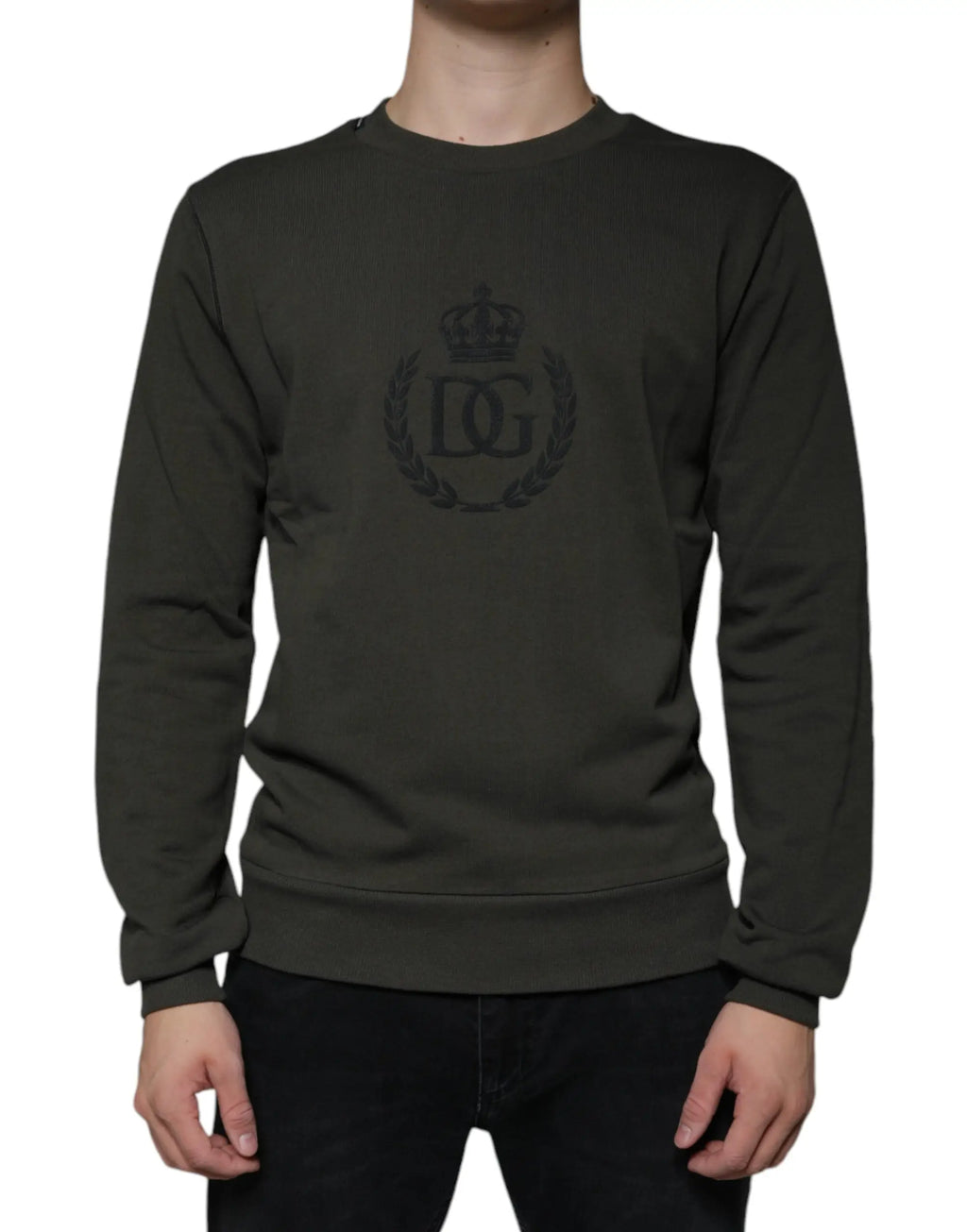 Sweatshirt dolce & gabbana olive foncé avec logo brodé noir subtil couronne et couronne de laurier