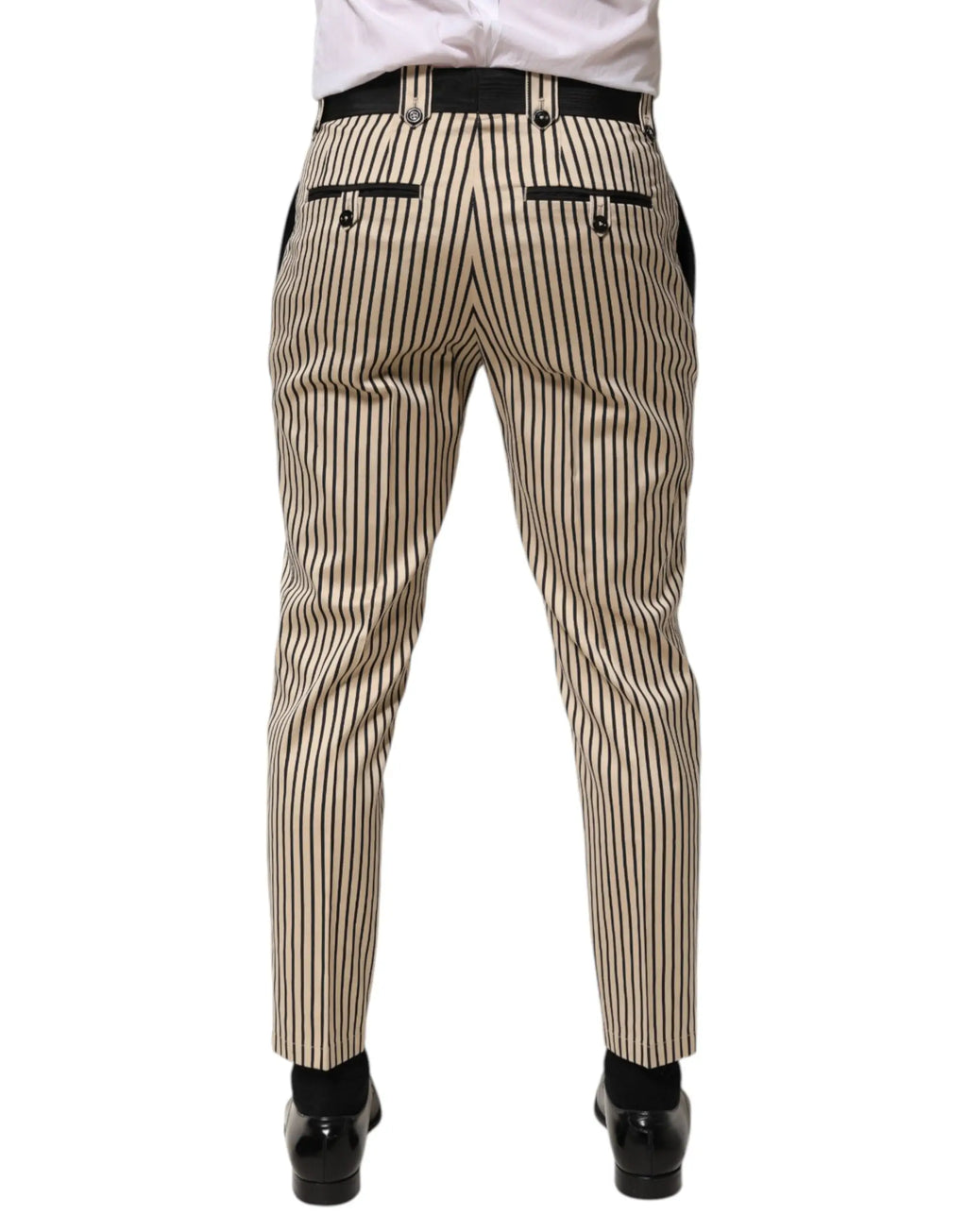 Pantalon slim en coton dolce & gabbana beige à rayures noires verticales avec passants et bordures de poche noirs contrastés