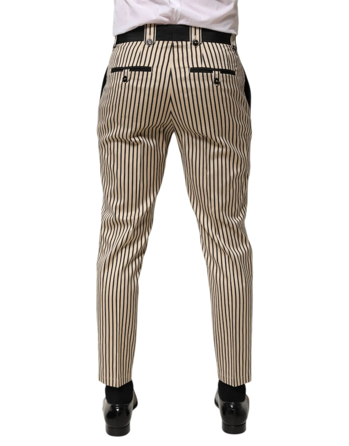 Pantalon slim en coton dolce & gabbana beige à rayures noires verticales avec passants et bordures de poche noirs contrastés