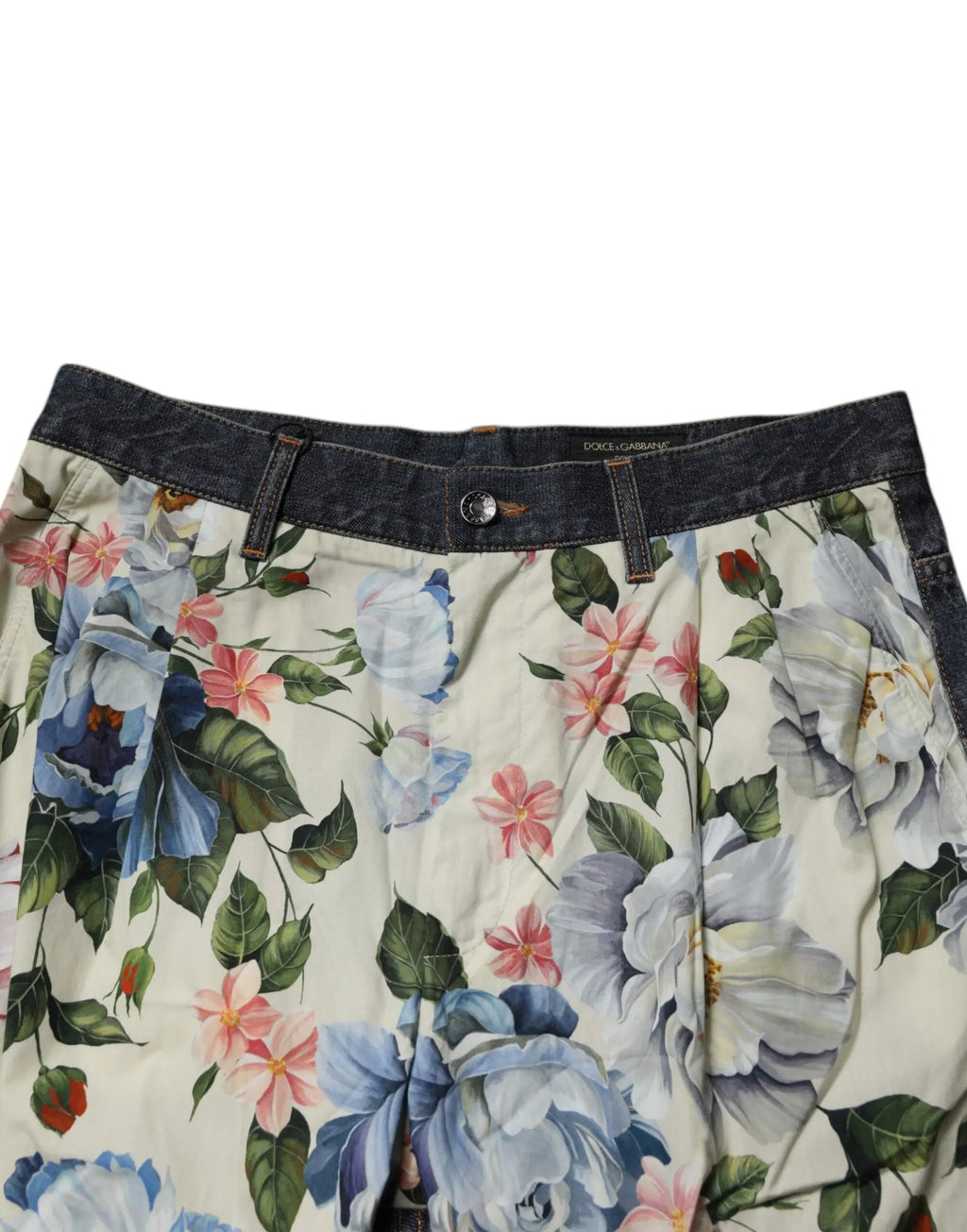 Pantalon dolce & gabbana beige à fleurs bleu vif et rose avec ceinture en denim foncé en coton pour homme