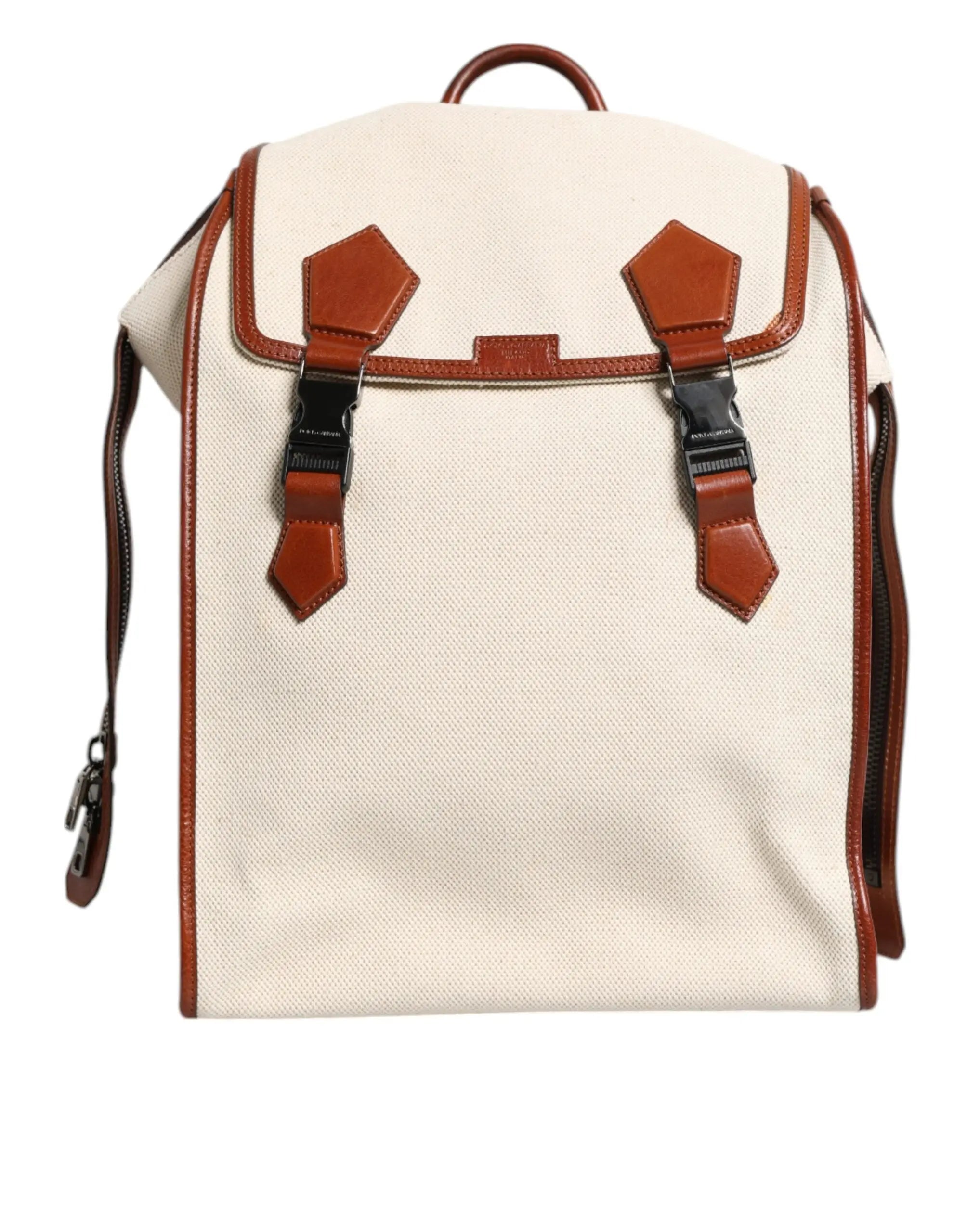 Sac à dos de voyage dolce & gabbana en toile beige avec finition en cuir marron et boucles métalliques noires