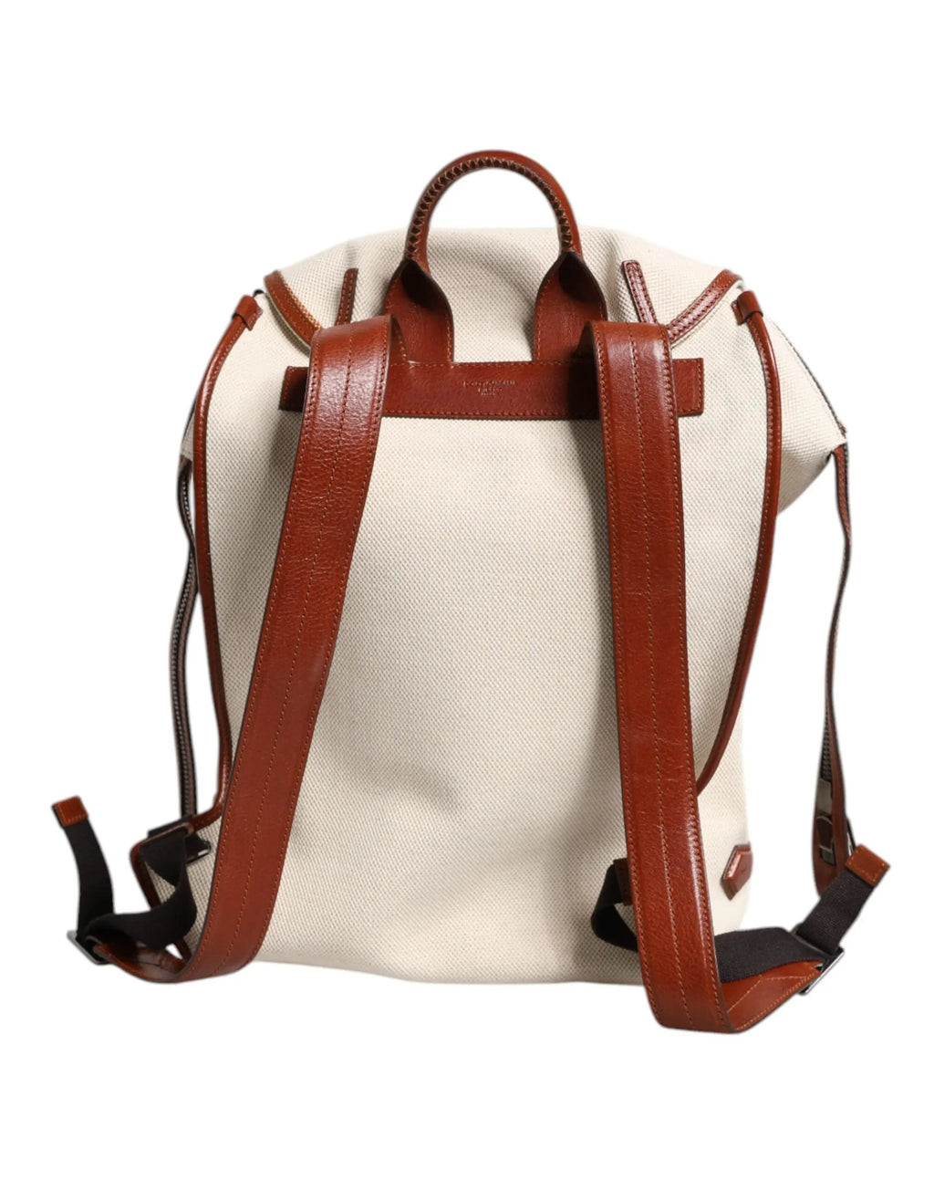 Beige canvas backpack with rich brown leather straps and top handle by dolce & gabbana for travel men