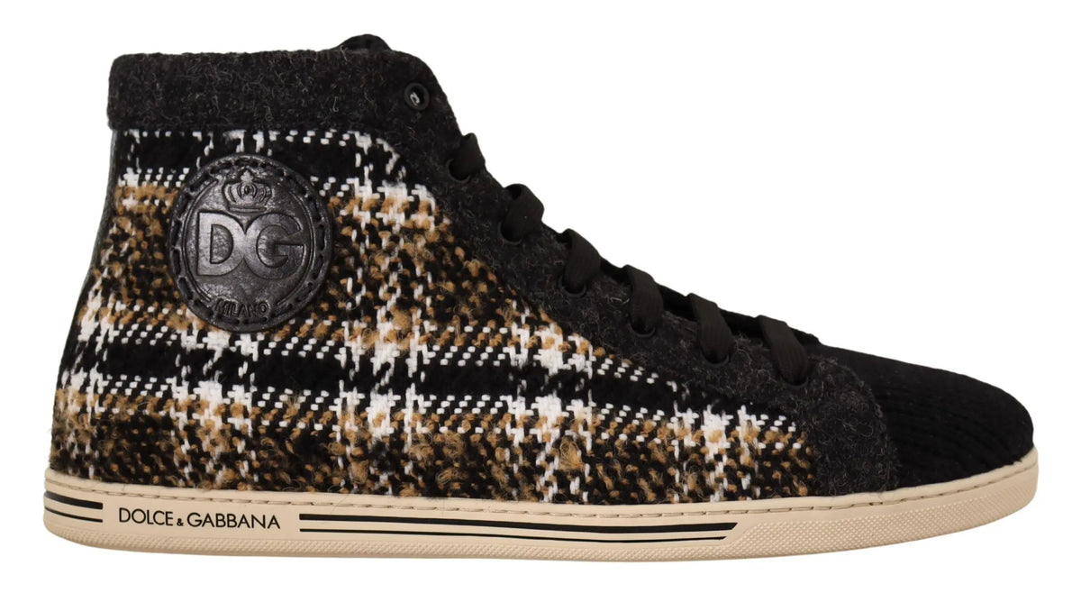 Baskets montantes dolce & gabbana en laine beige et marron avec motif carreaux, bout en daim et logo sur le côté