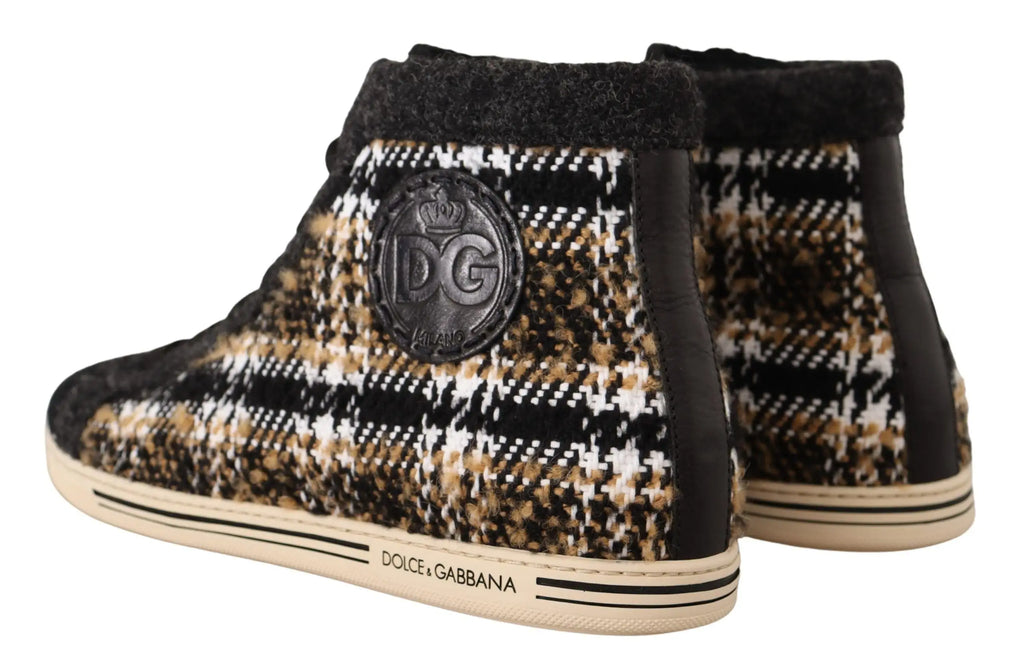 Baskets montantes dolce gabbana en laine beige marron coton avec motif pied-de-poule noir blanc et doublure noire pelucheuse