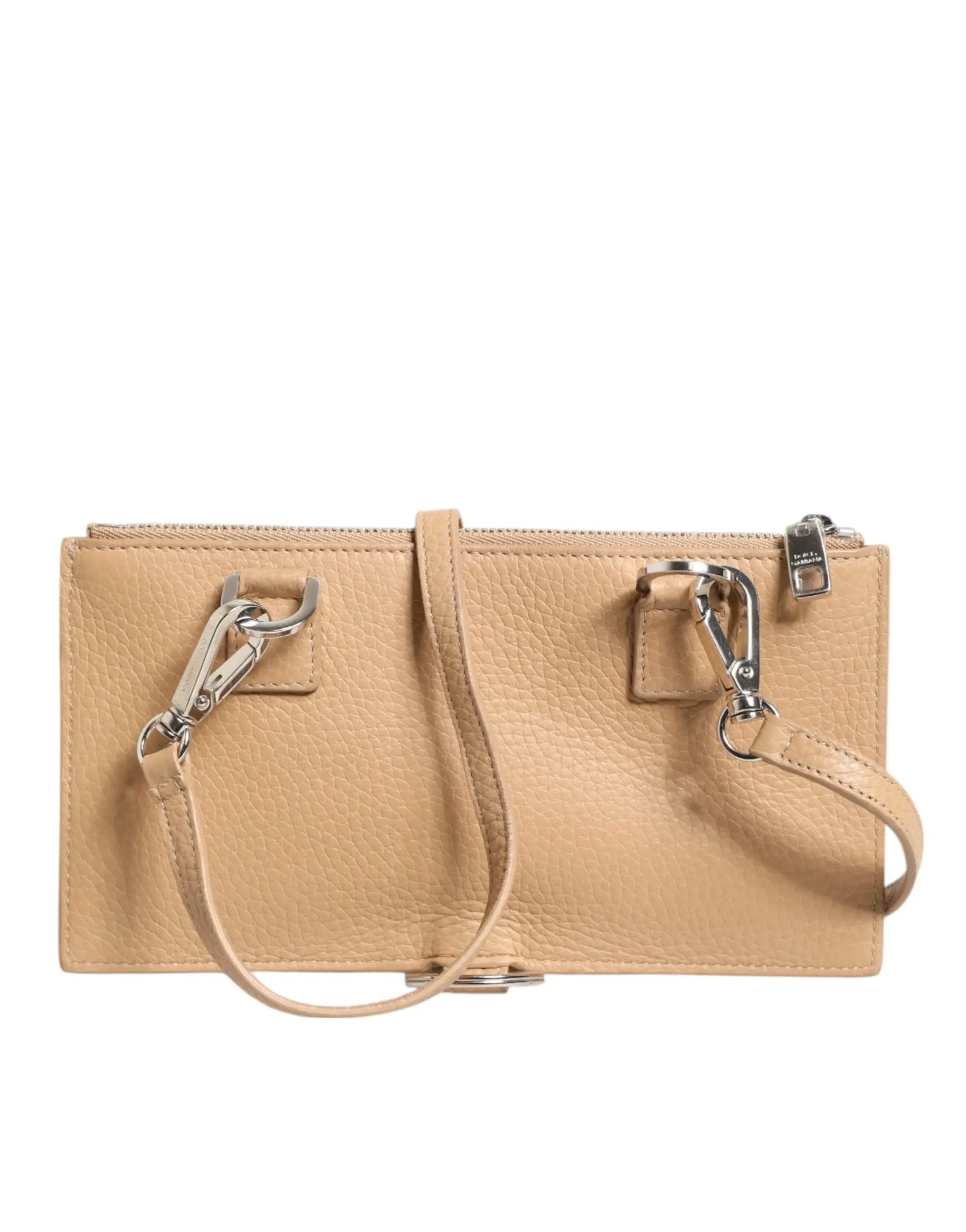 Portefeuille bandoulière dolce & gabbana beige en cuir de veau texturé avec ferrures argentées et bandoulière amovible