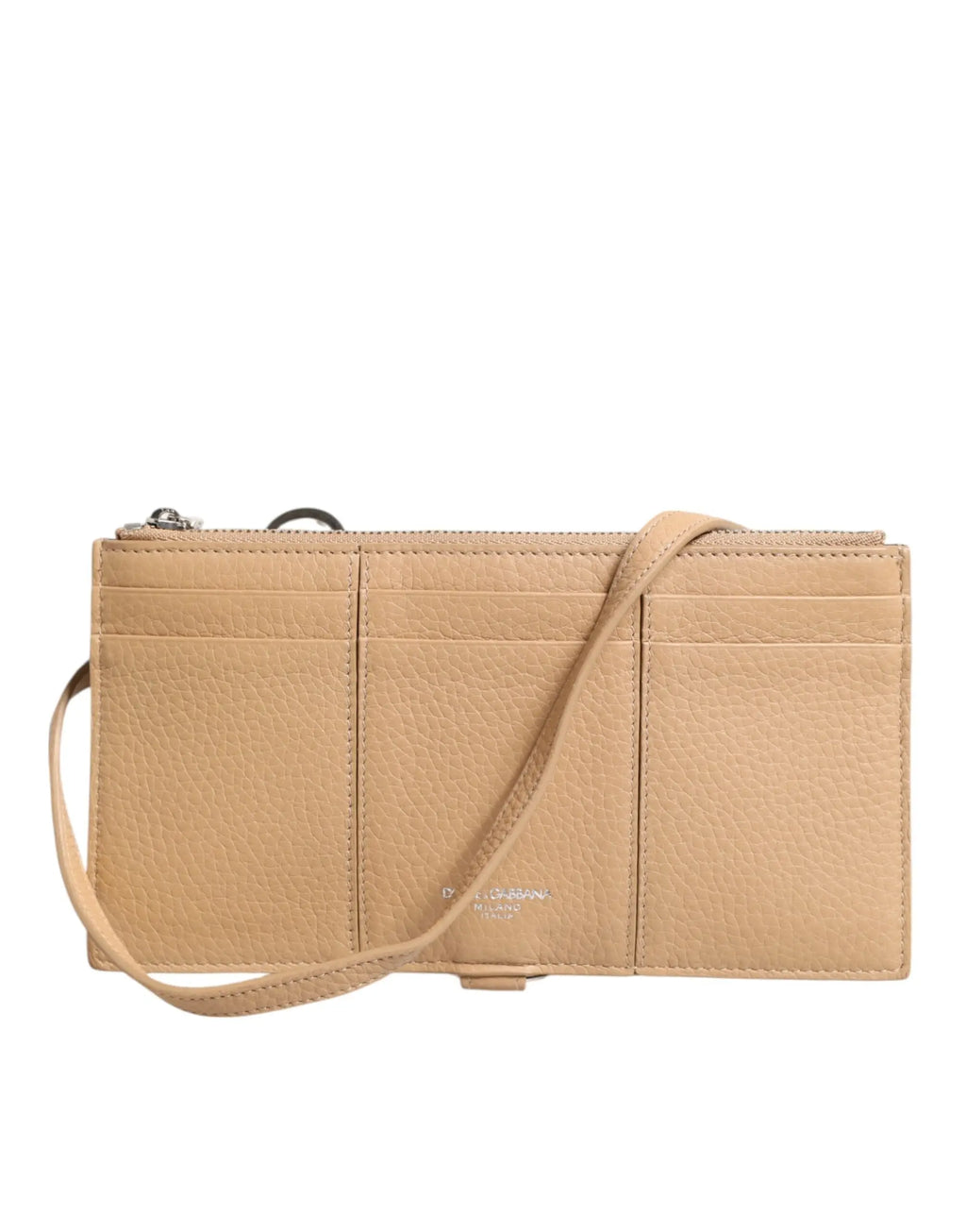 Dolce & gabbana beige portefeuille bandoulière en cuir de veau texturé avec plusieurs emplacements cartes et fermeture éclair