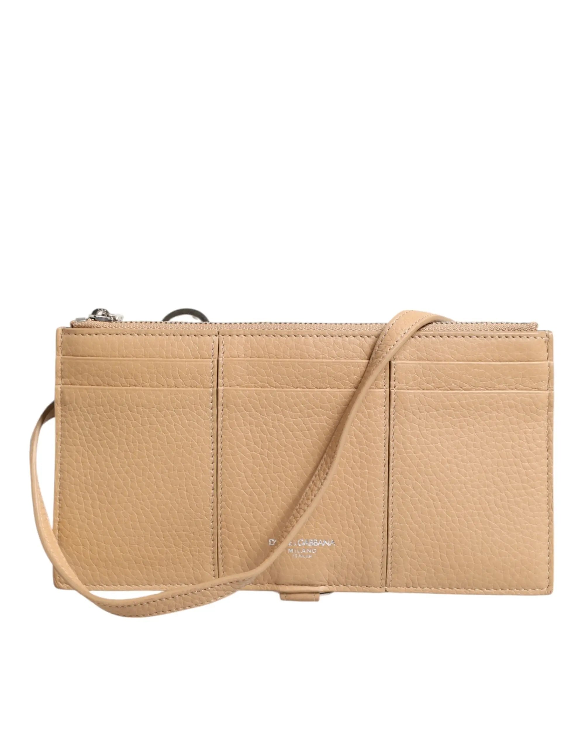 Dolce & gabbana beige portefeuille bandoulière en cuir de veau texturé avec plusieurs emplacements cartes et fermeture éclair