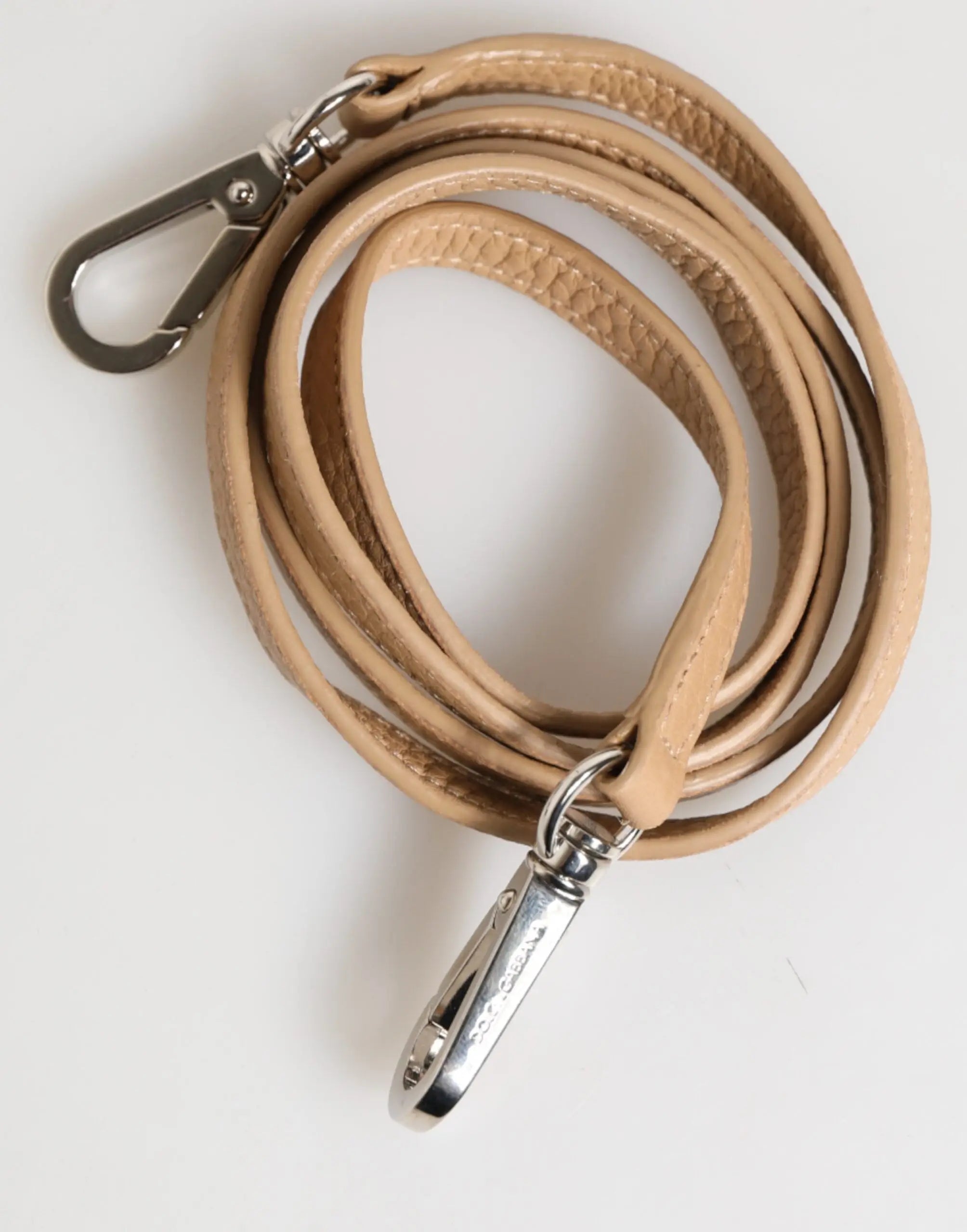 Beige leather strap with silver toned metal clasps for dolce & gabbana beige calfskin leather large crossbody card holder wallet
