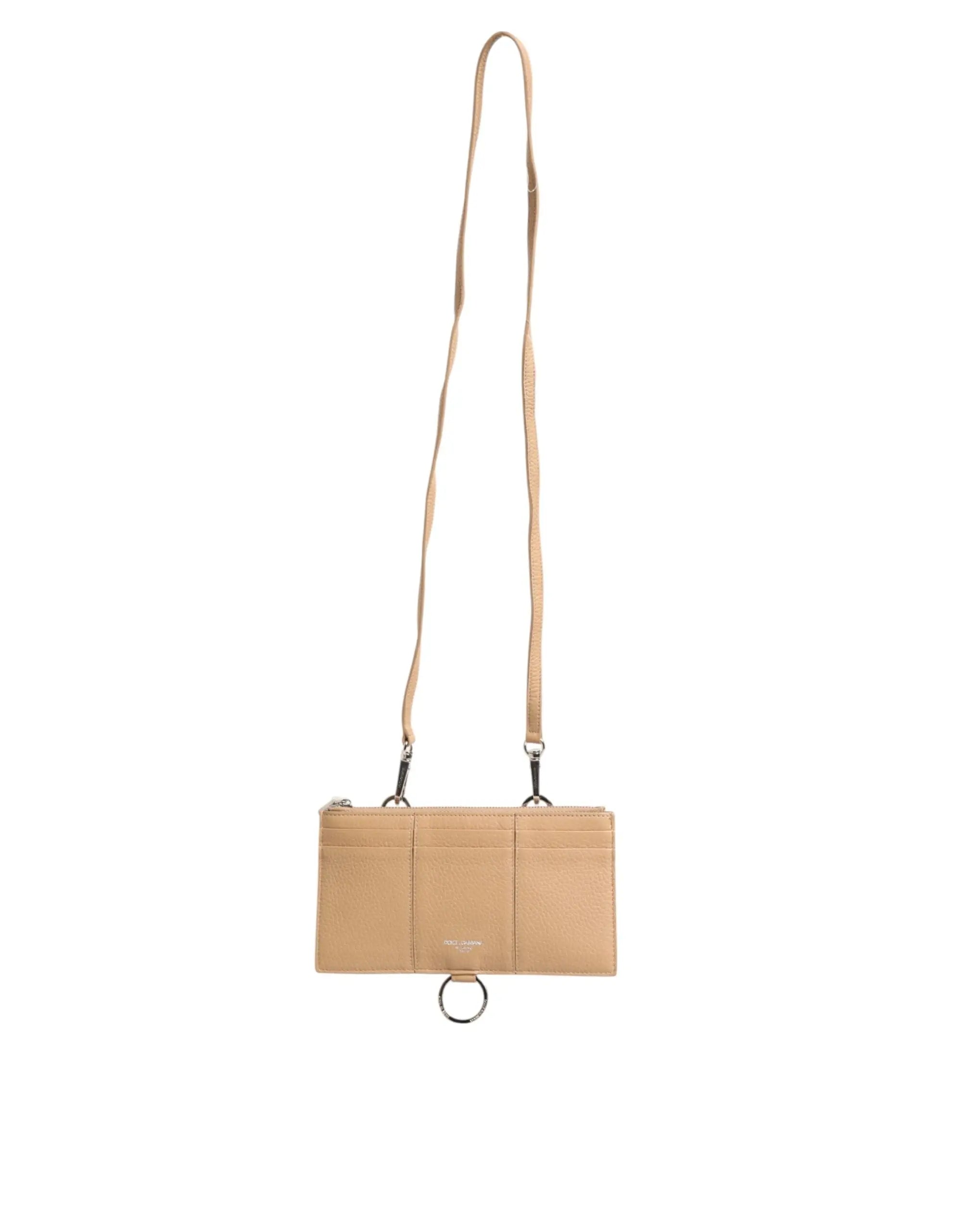 Beige portefeuille bandoulière dolce & gabbana en cuir de veau avec longue sangle ajustable et anneau métallique en bas