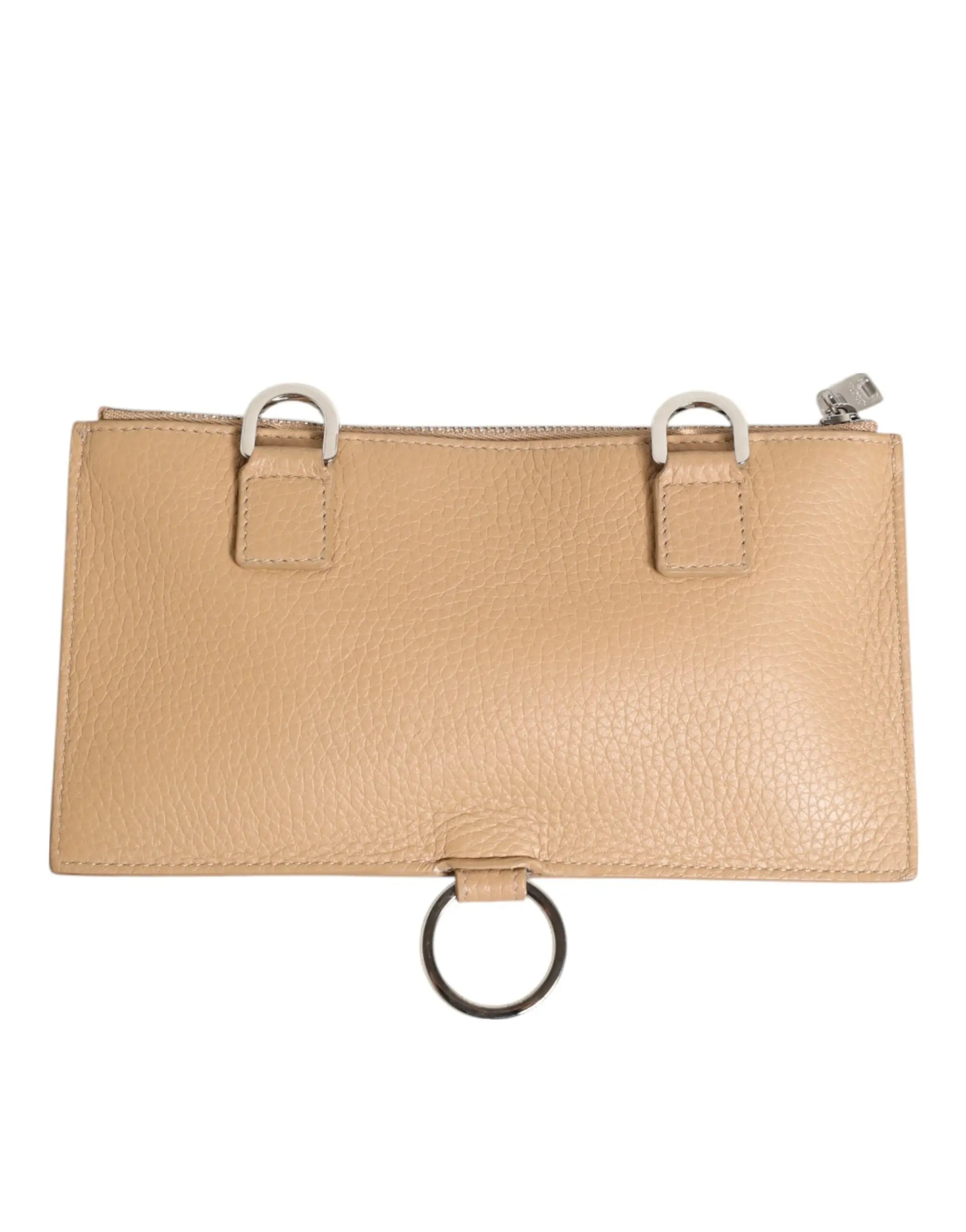 Beige sac bandoulière dolce & gabbana en cuir de veau avec anneaux métal argenté et fermeture éclair
