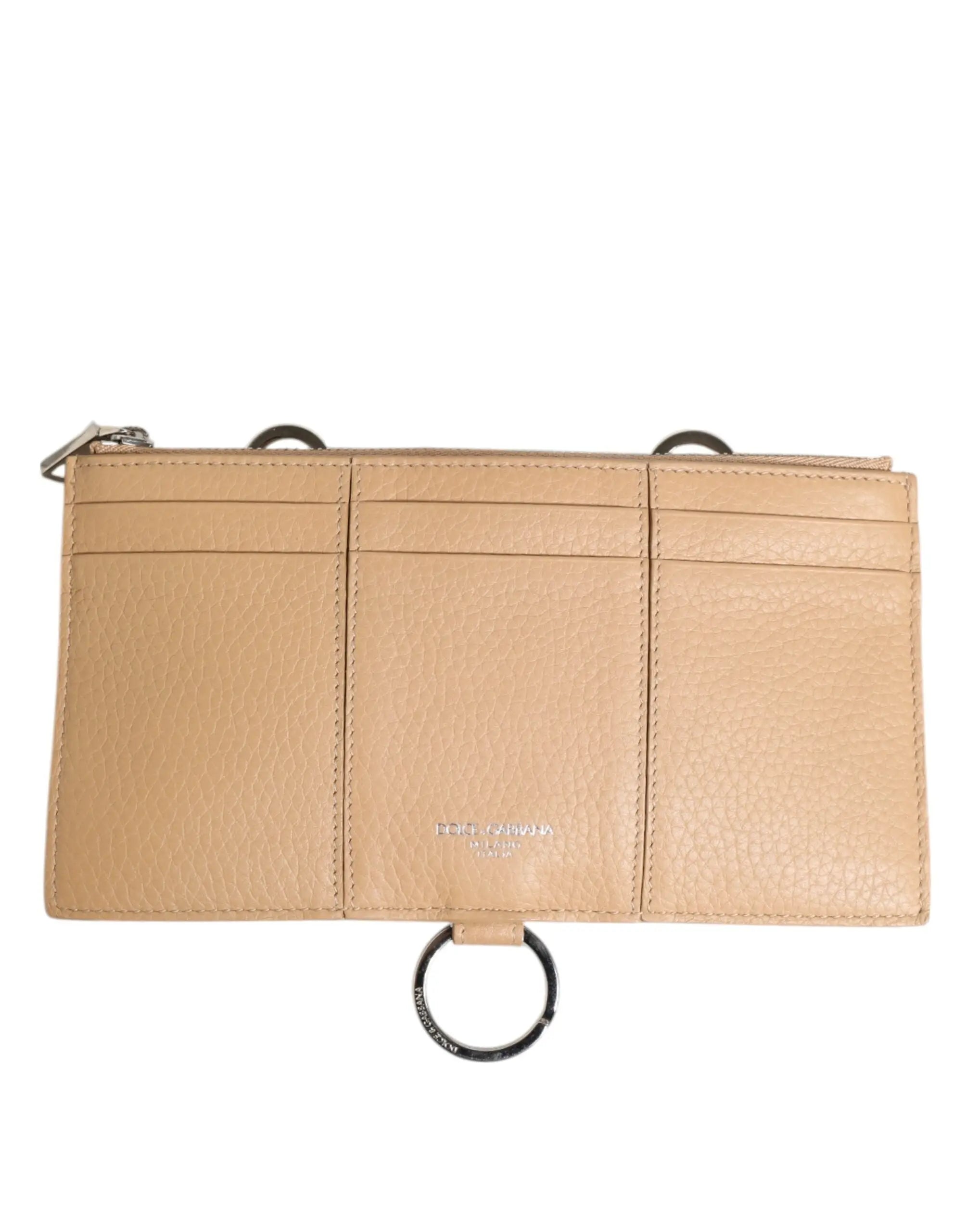 Dolce gabbana beige calfskin leather large crossbody wallet with multiple card slots and metal ring attachment