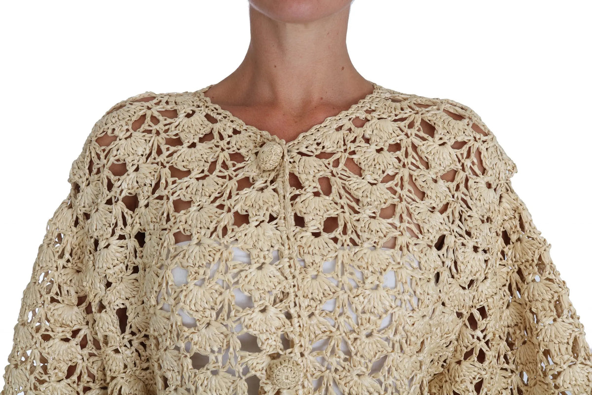 Cardigan beige dolce & gabbana en crochet avec motif floral en rafia et fermeture par bouton