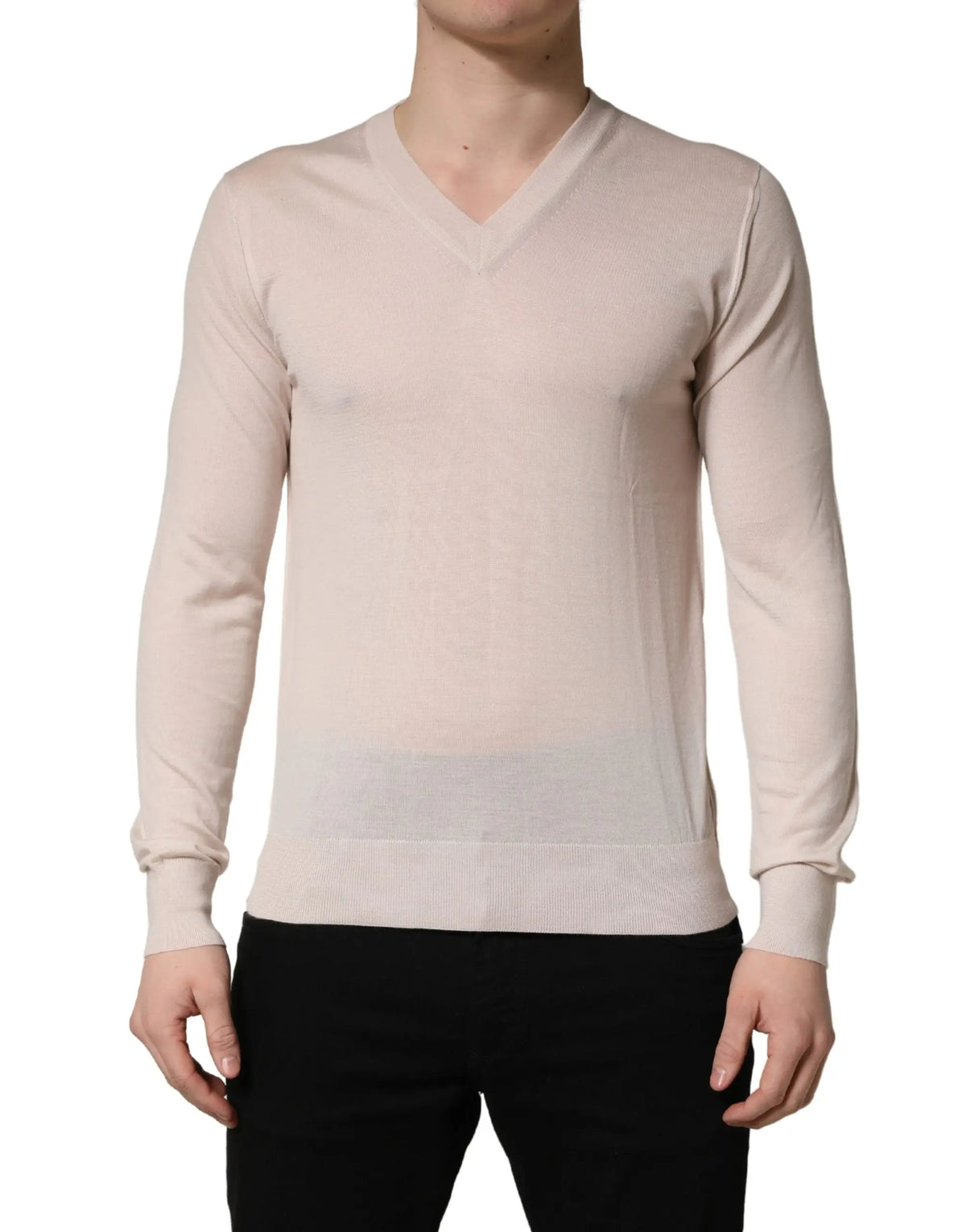Pull beige dolce & gabbana en cachemire homme avec col v manches côtelées et texture fine et lisse