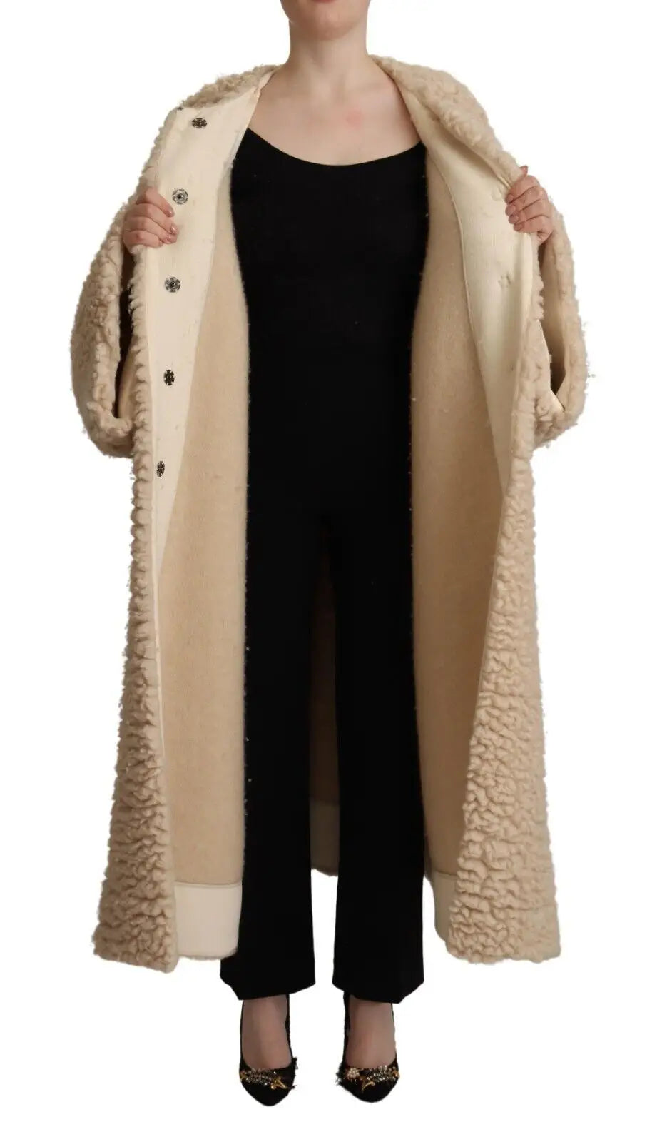 Dolce & Gabbana beige cashmere laine manteau fausse fourrure crème avec boutons métalliques foncés doux