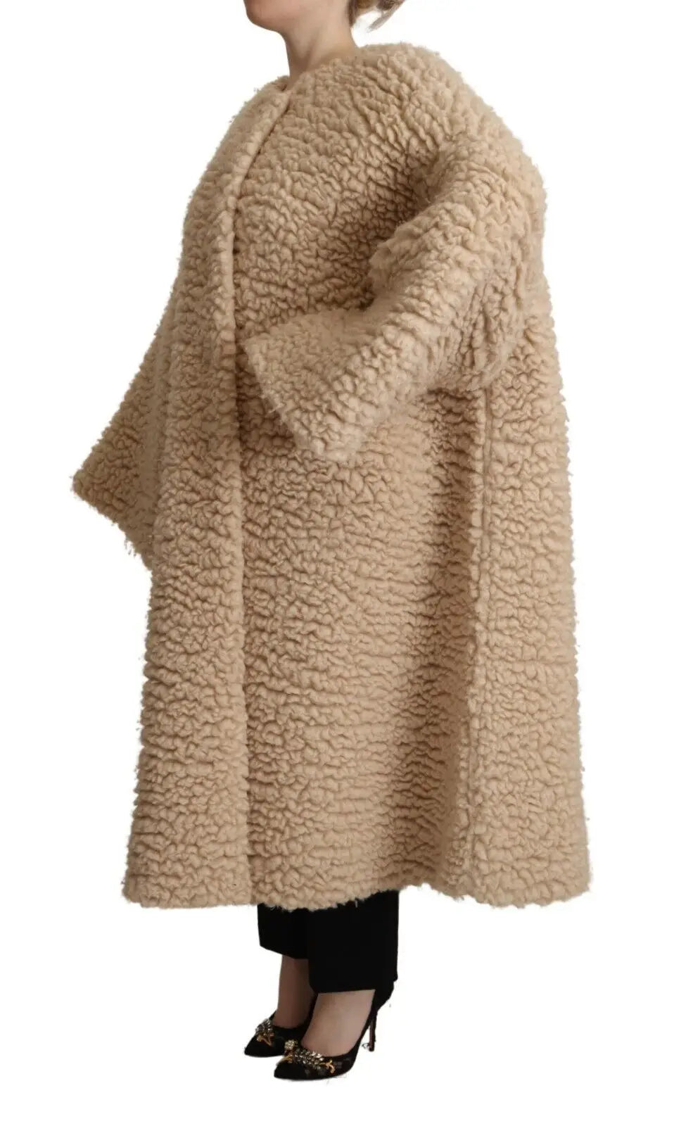 Dolce & gabbana beige cashmere laine manteau fausse fourrure en peluche avec surface douce et manches larges