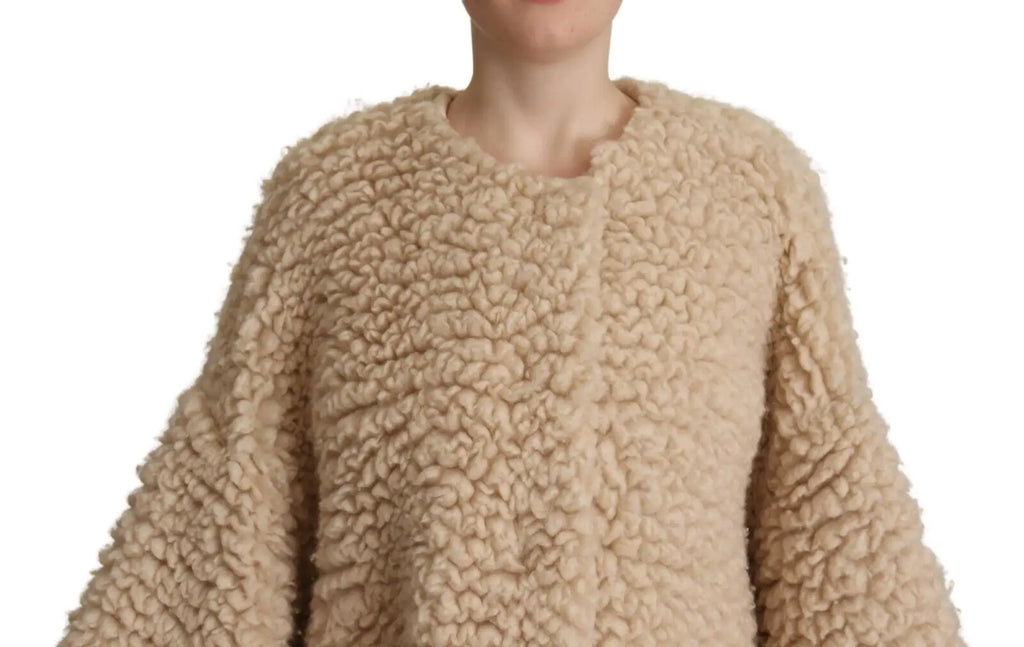 Beige dolce & gabbana cashmere wool faux fur coat jacket with fluffy sheepskin style and rounded neckline
