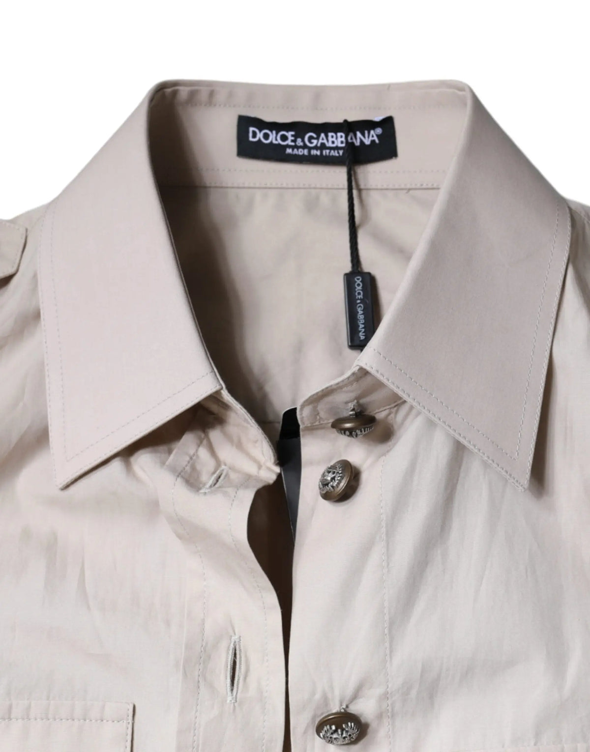 Chemise beige dolce & gabbana en coton avec col classique et boutons décoratifs argentés