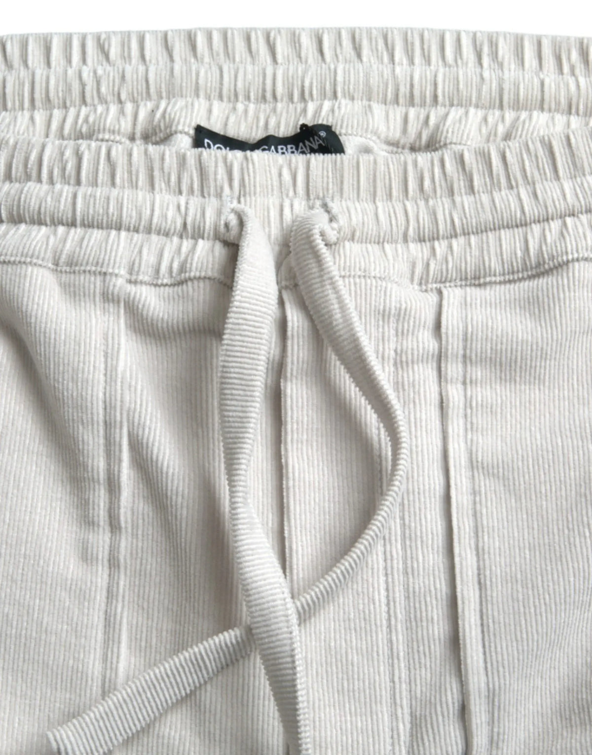 Light gray cotton corduroy joggers with ribbed waistband and drawstring in style of dolce & gabbana beige bermuda shorts