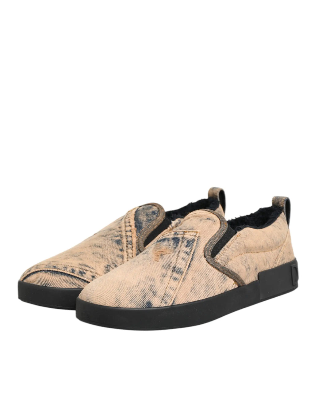 Dolce & Gabbana beige cotton low top slip on sneakers with distressed denim, black rubber soles, and plush lining