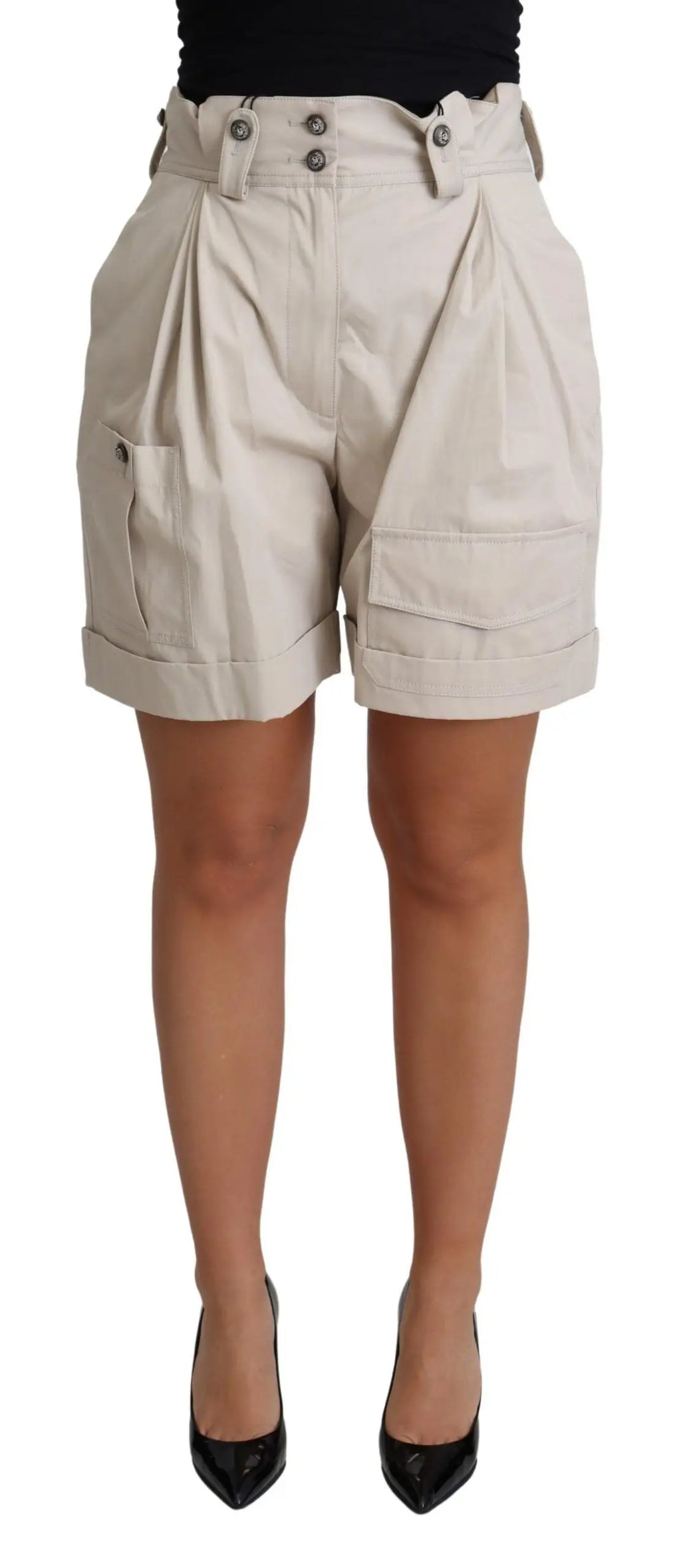 Shorts cargo beige dolce gabbana en coton taille haute avec plis ceinture à passants boutonnés et revers roulés