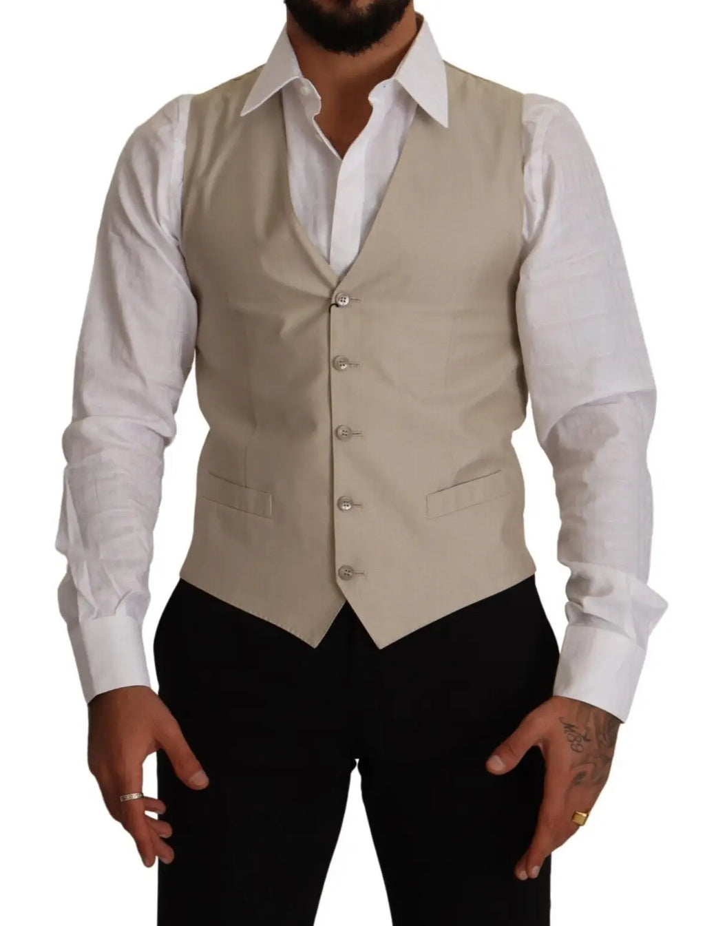 Dolce & gabbana beige waistcoat vest en coton et soie slim fit avec cinq boutons argentés et deux poches avant