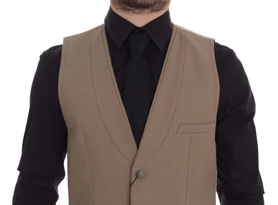 Dolce gabbana beige coton gilet homme slim fit avec fermeture bouton unique et poche passepoilée tailored