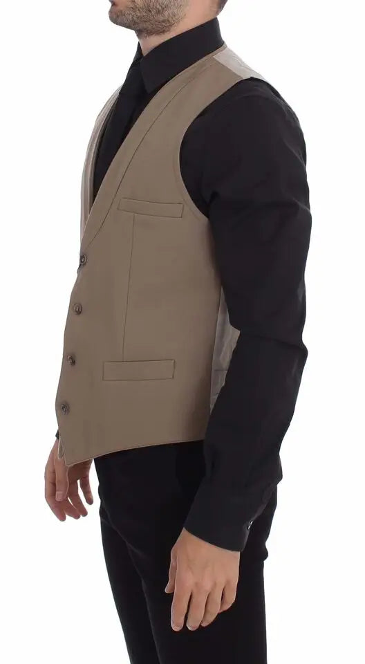 Dolce & gabbana beige cotton slim fit dress vest with black contrast trim and button closure for men
