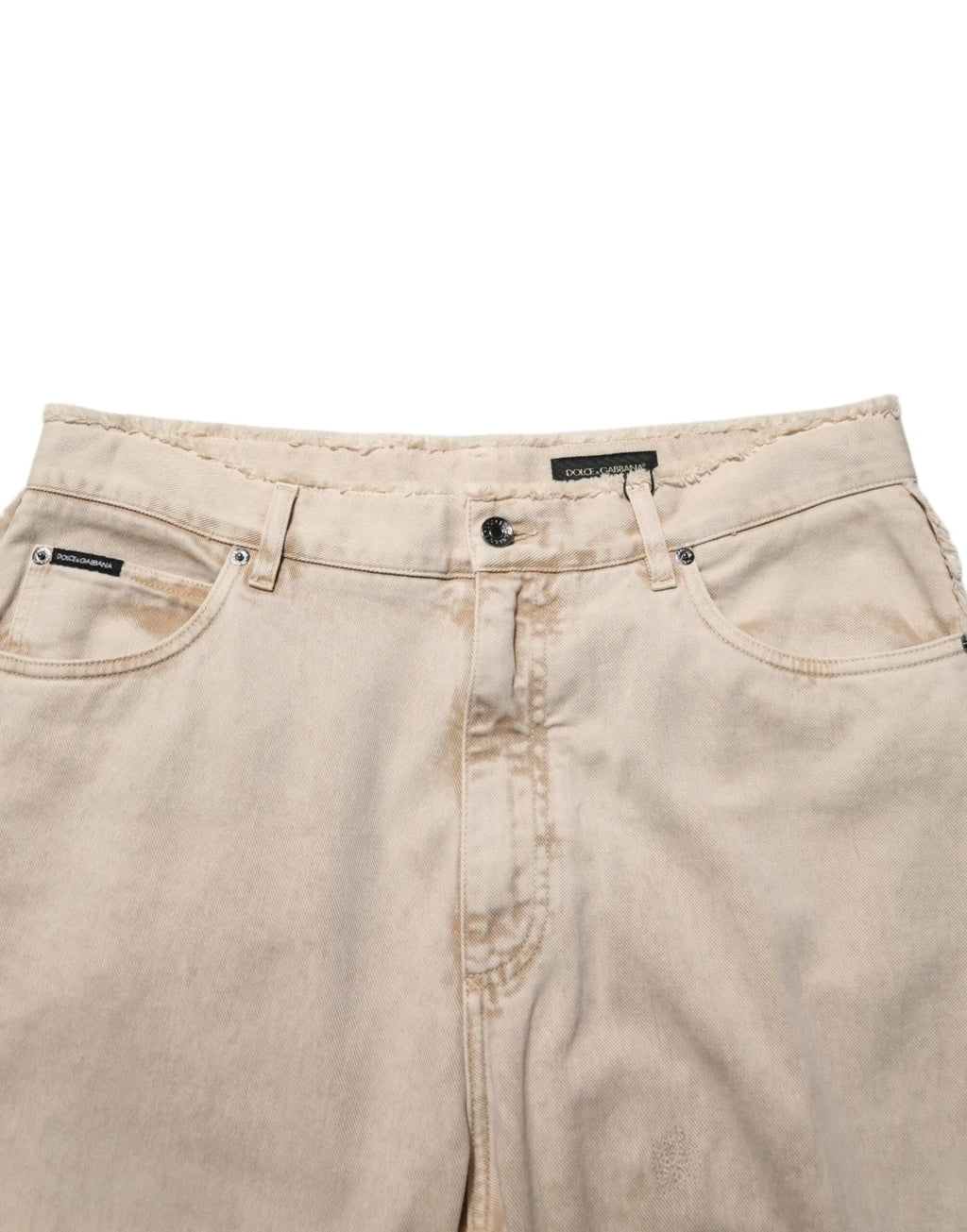 Beige cotton straight denim trouser jeans by dolce & gabbana with faded slightly worn look and visible stitching details