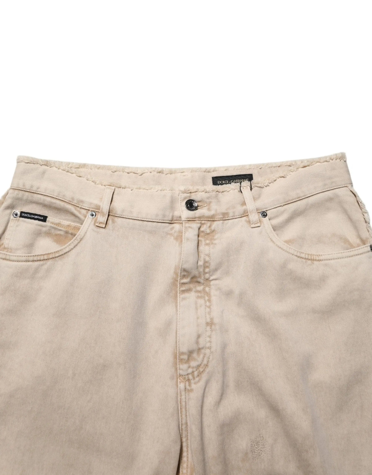 Beige cotton straight denim trouser jeans by dolce & gabbana with faded slightly worn look and visible stitching details