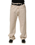 Pantalon droit en denim coton beige dolce & gabbana avec jambe large ceinture noire et coutures discrètes