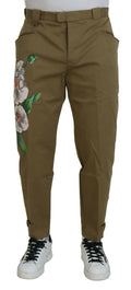 Pantalon chino beige en coton stretch dolce & gabbana avec broderie florale détaillée sur la jambe gauche