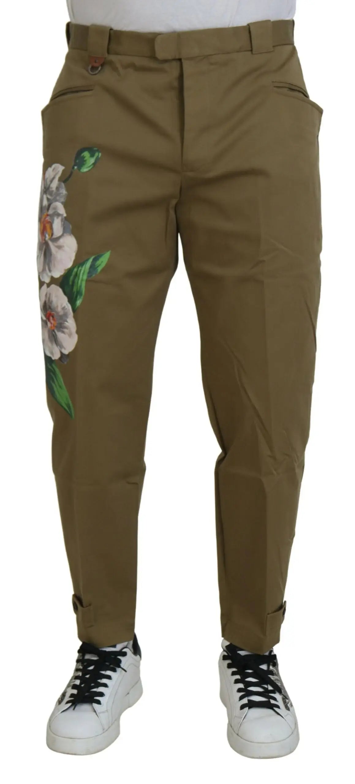 Pantalon chino beige en coton stretch dolce & gabbana avec broderie florale détaillée sur la jambe gauche