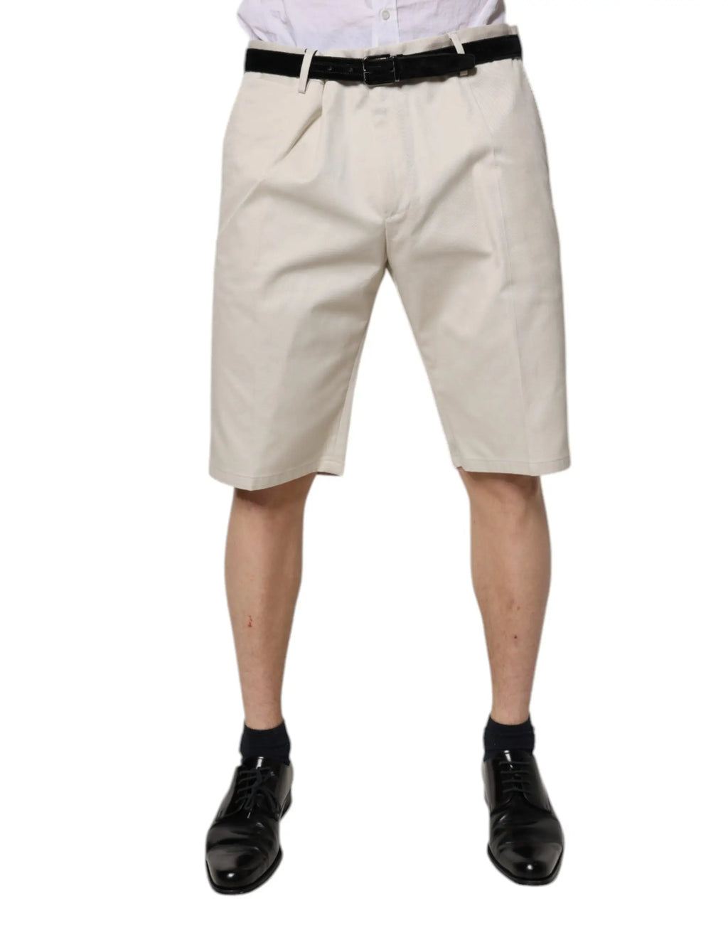 Beige chino bermuda shorts with pleats and a black belt by dolce & gabbana in stretch cotton