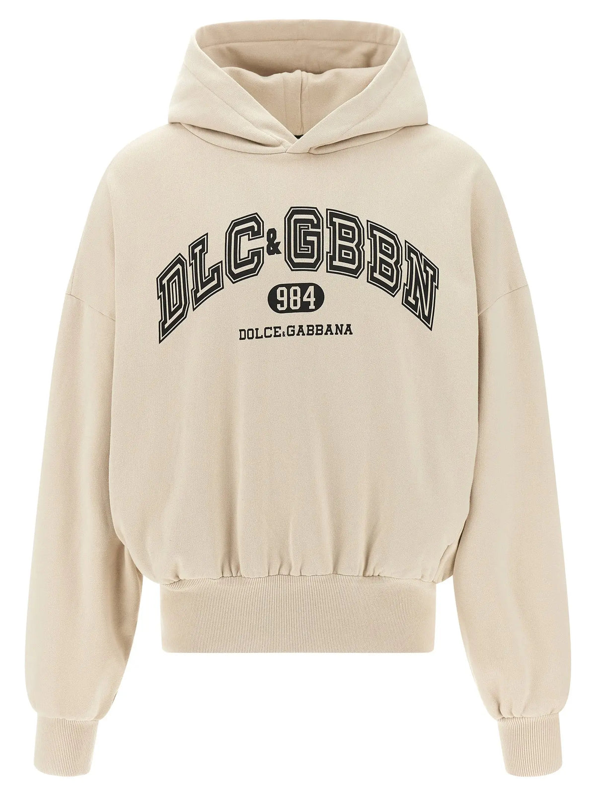 Beige dolce & gabbana coton sweat-shirt avec capuche, lettrage noir en arc et emblème 984 visible au dos