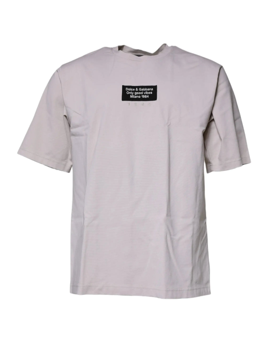T-shirt col rond beige dolce & gabbana en coton avec patch noir et texte blanc only good vibes milano 1984