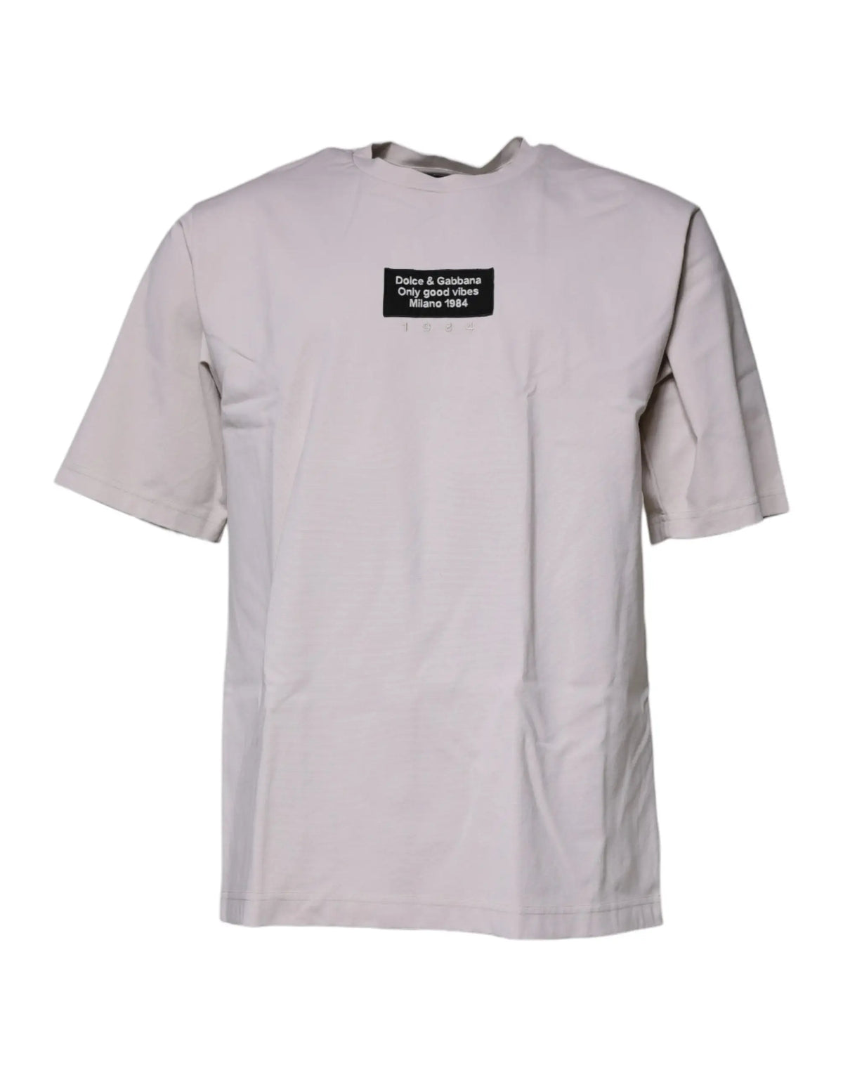 T-shirt col rond beige dolce & gabbana en coton avec patch noir et texte blanc only good vibes milano 1984