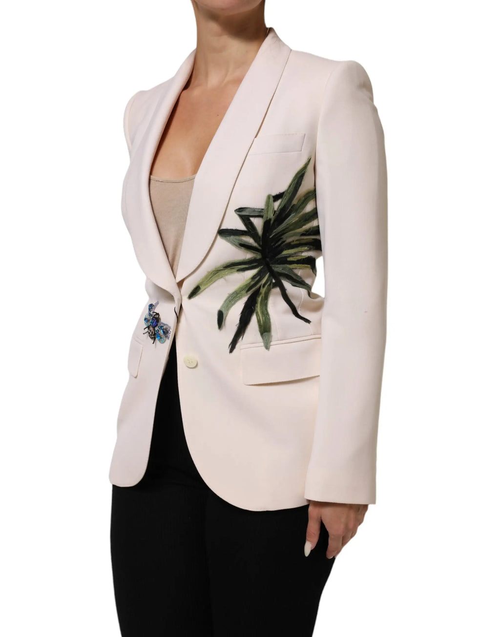 Veste beige dolce gabbana à simple boutonnage avec broderie de feuille de palmier verte et broche florale bleue
