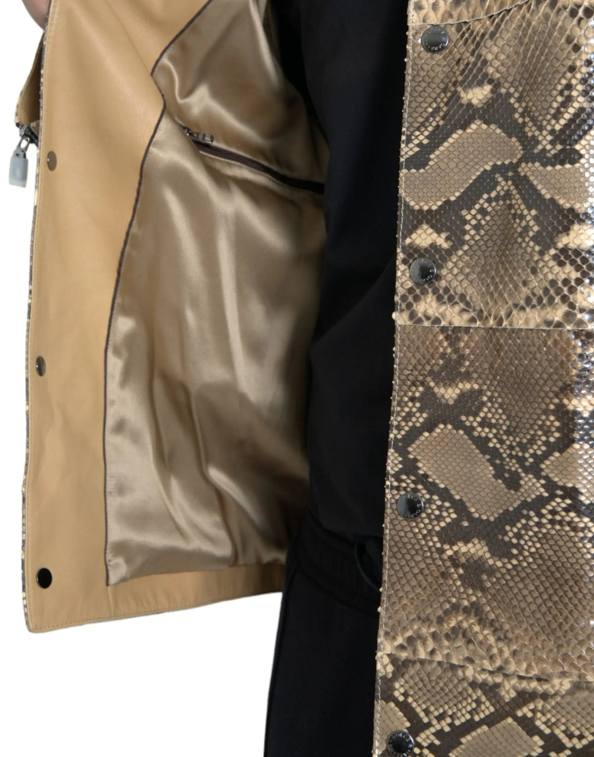 Veste motard en cuir exotique beige dolce gabbana motif peau de serpent marron et beige avec boutons noirs
