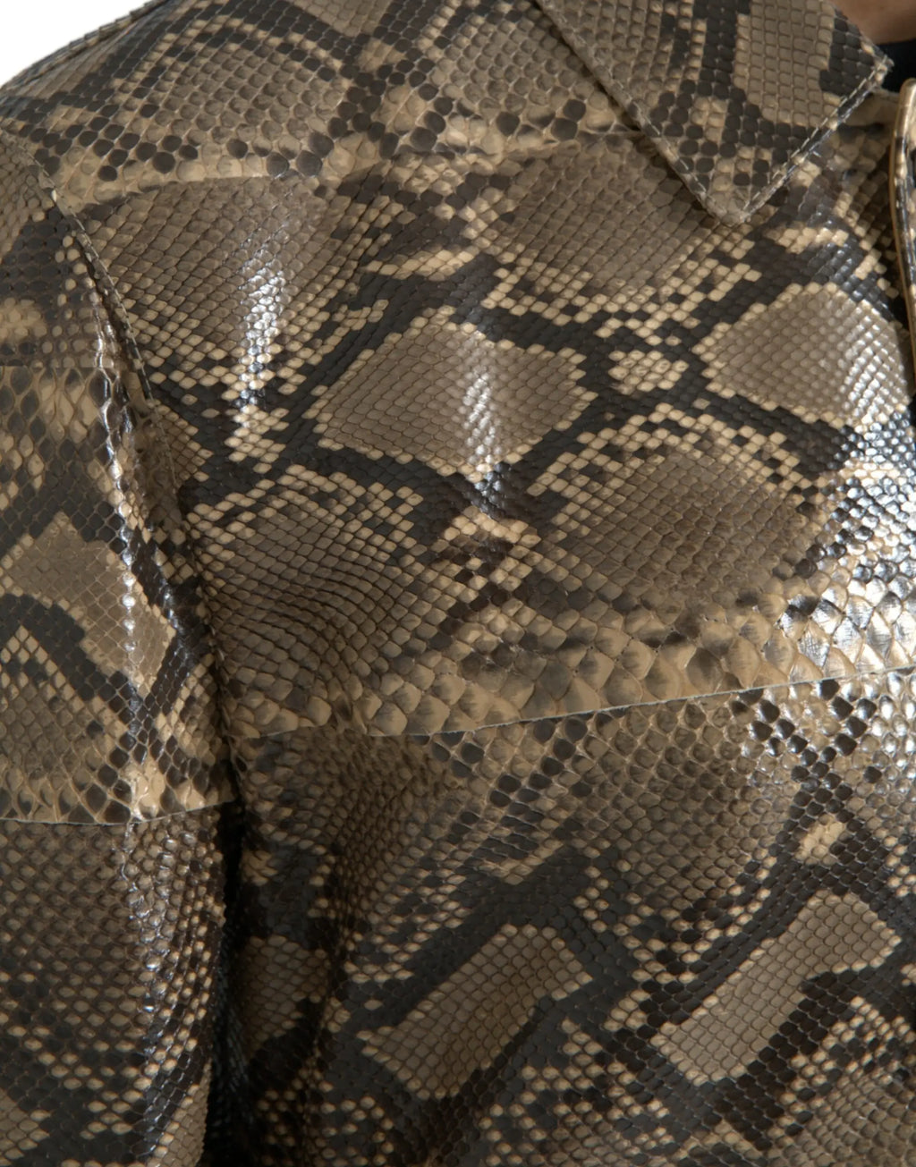 Veste blouson motard en cuir exotique beige dolce gabbana avec motif peau de serpent marron et noir brillant
