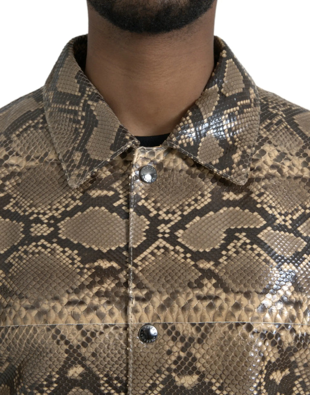Veste biker en cuir exotique beige dolce gabbana avec motif peau de serpent marron et boutons métalliques