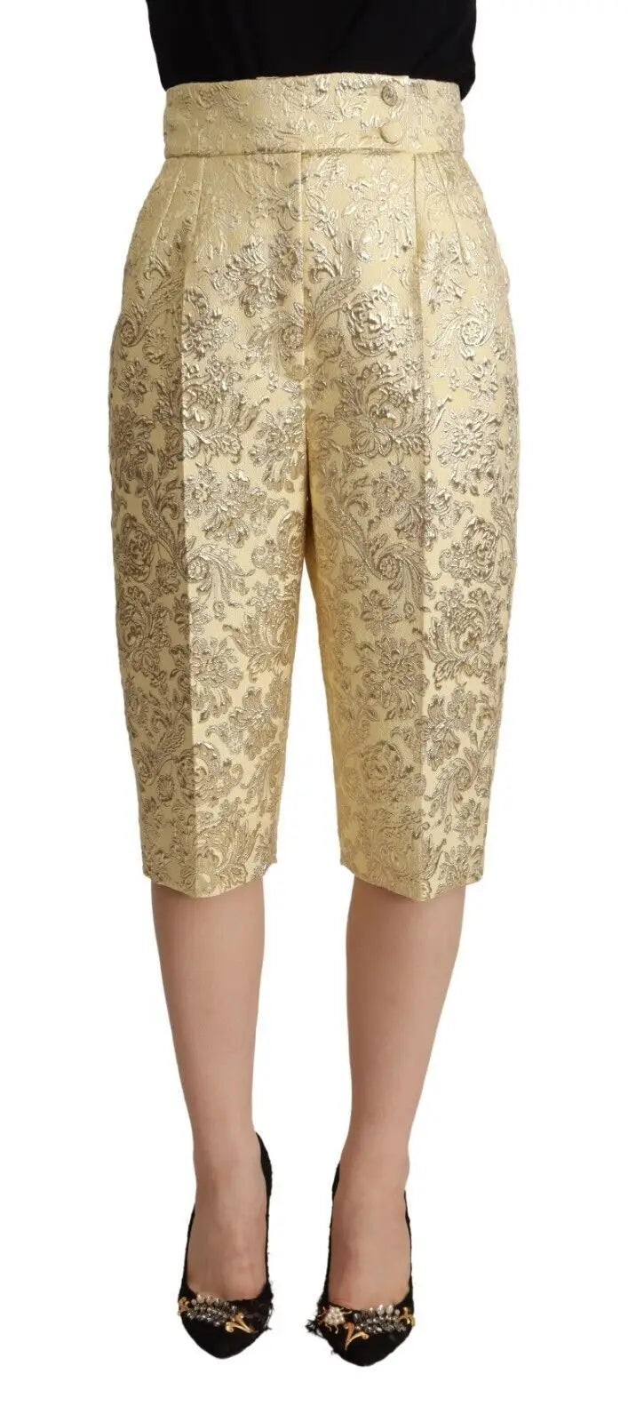 Pantalon capri beige à fleurs en brocart dolce & gabbana avec taille haute boutonnée et motifs dorés détaillés