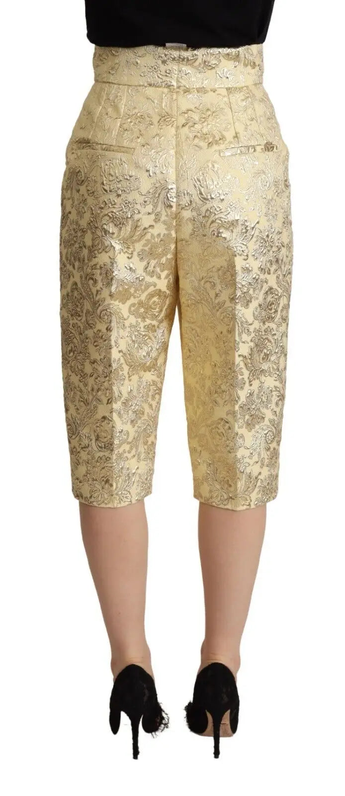 Pantalon capri beige floral en brocart à taille haute avec motif doré et léger brillant par dolce gabbana