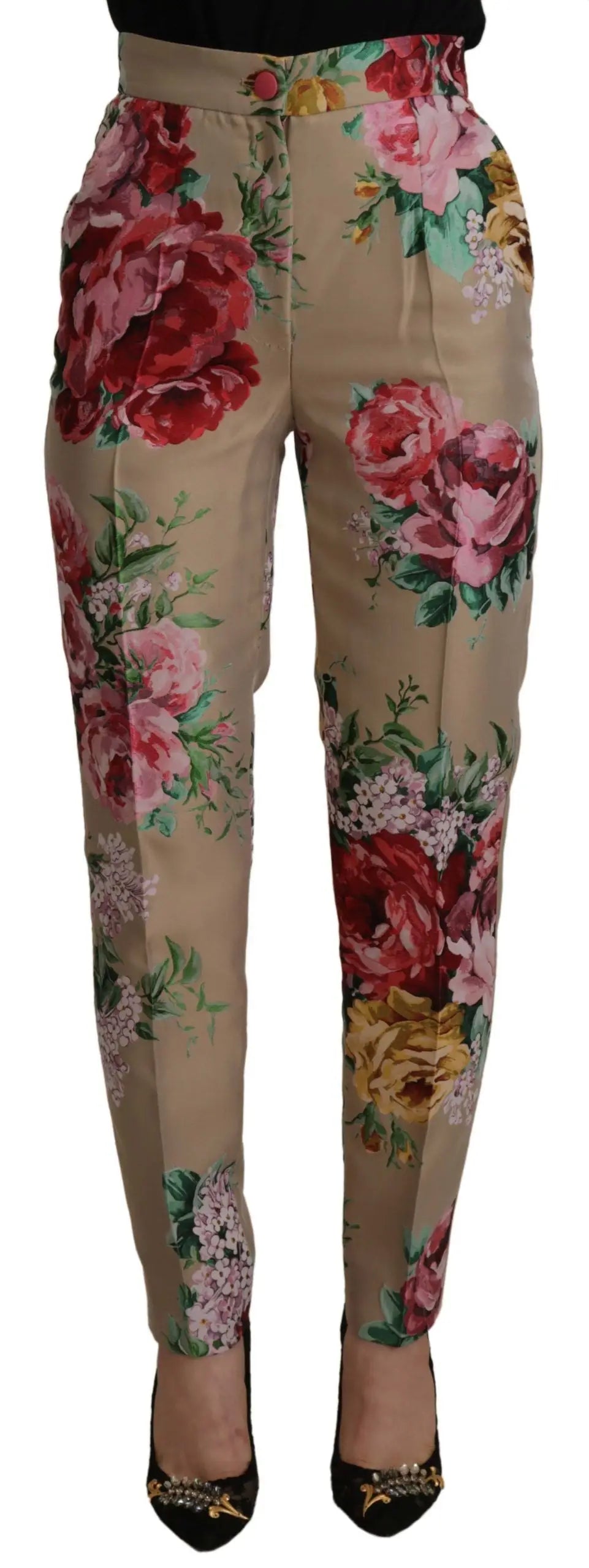 Pantalon beige haute taille dolce & gabbana en satin avec imprimé floral rouge rose et jaune formel
