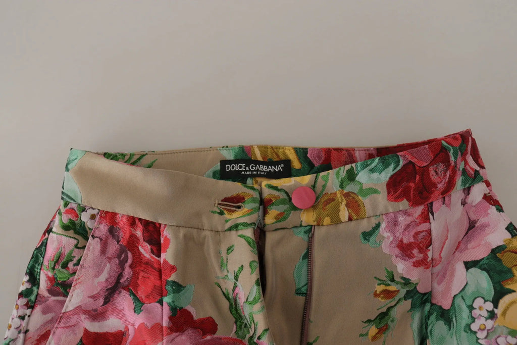 Pantalon taille haute beige dolce gabbana à imprimé floral avec fleurs roses rouges et vertes pour tenue formelle