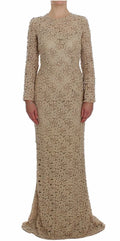 Robe longue beige dolce gabbana en dentelle florale avec manches longues et broderies délicates