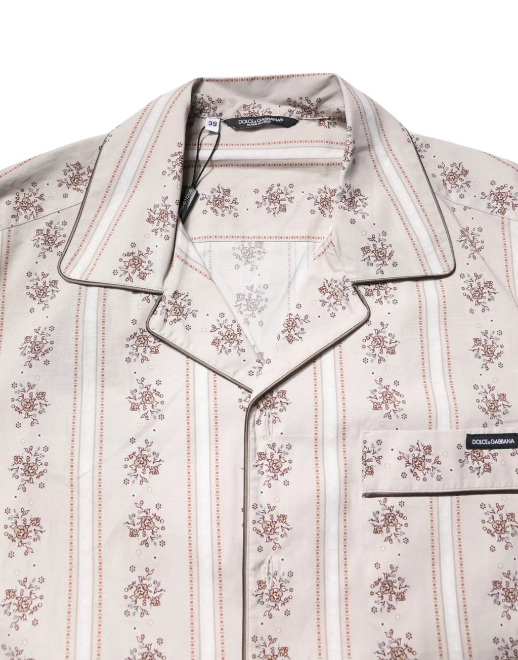 Chemise de pyjama homme dolce & gabbana beige à motifs floraux en coton avec rayures et passepoil noir